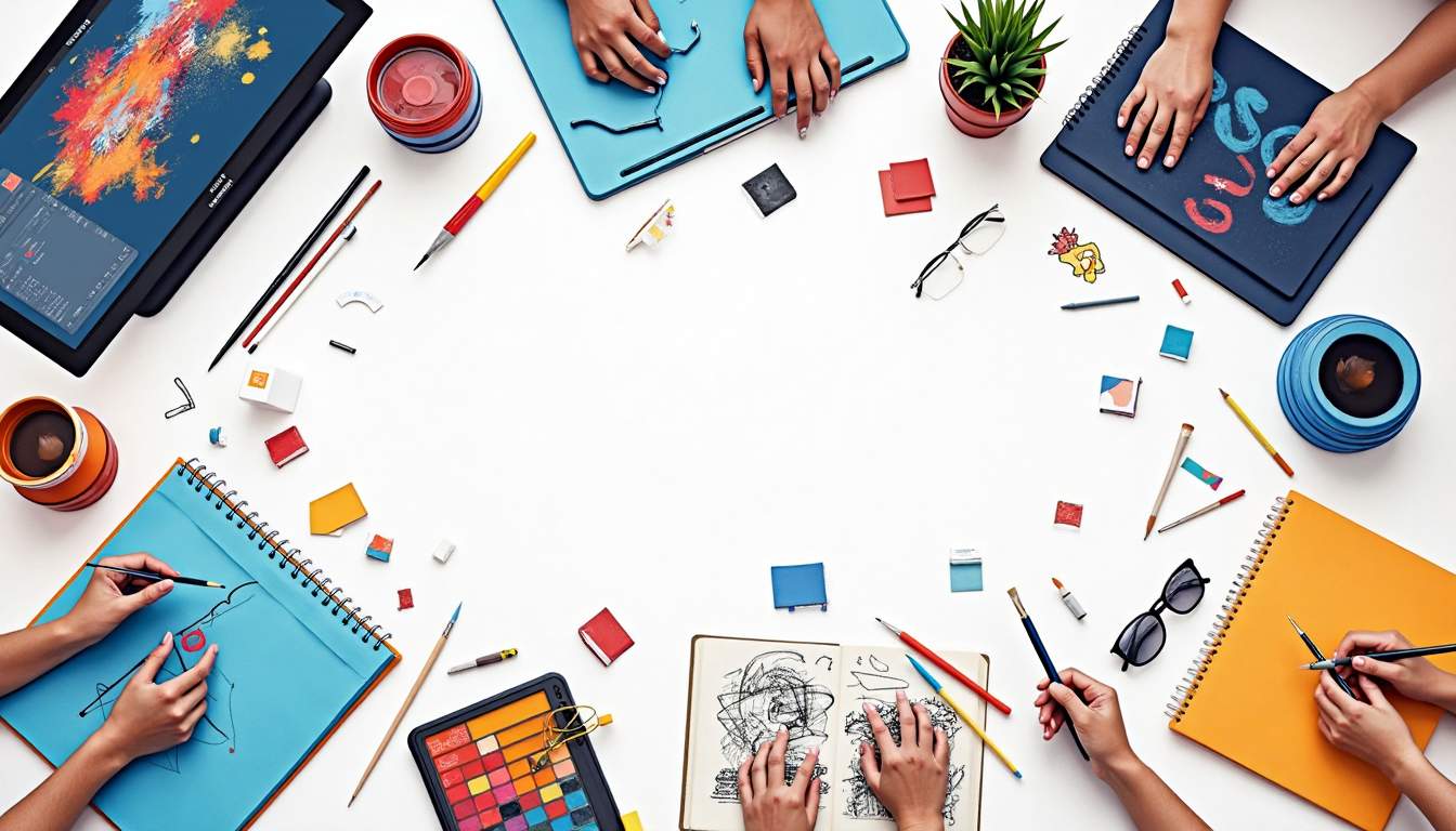 An engaging workspace featuring a variety of graphic design tools and materials