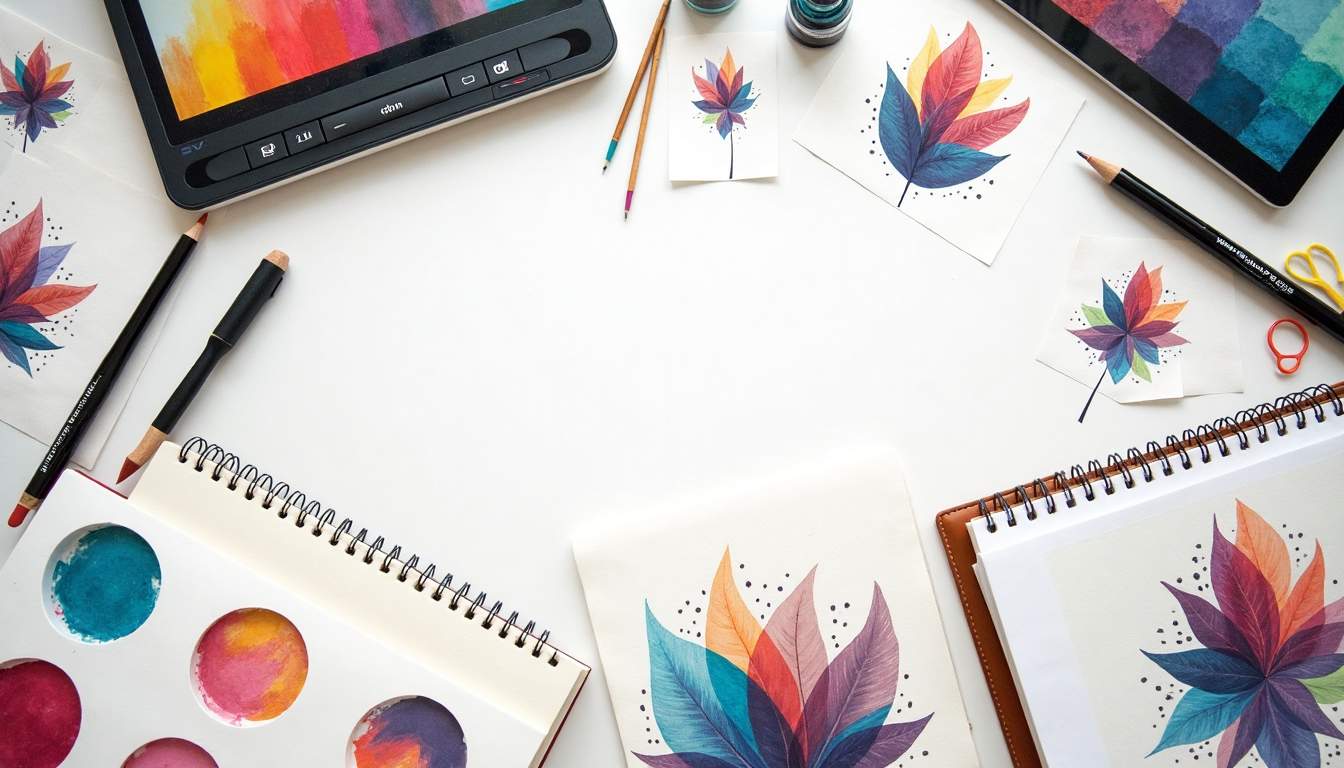 An artist's workspace featuring design tools like sketchbooks